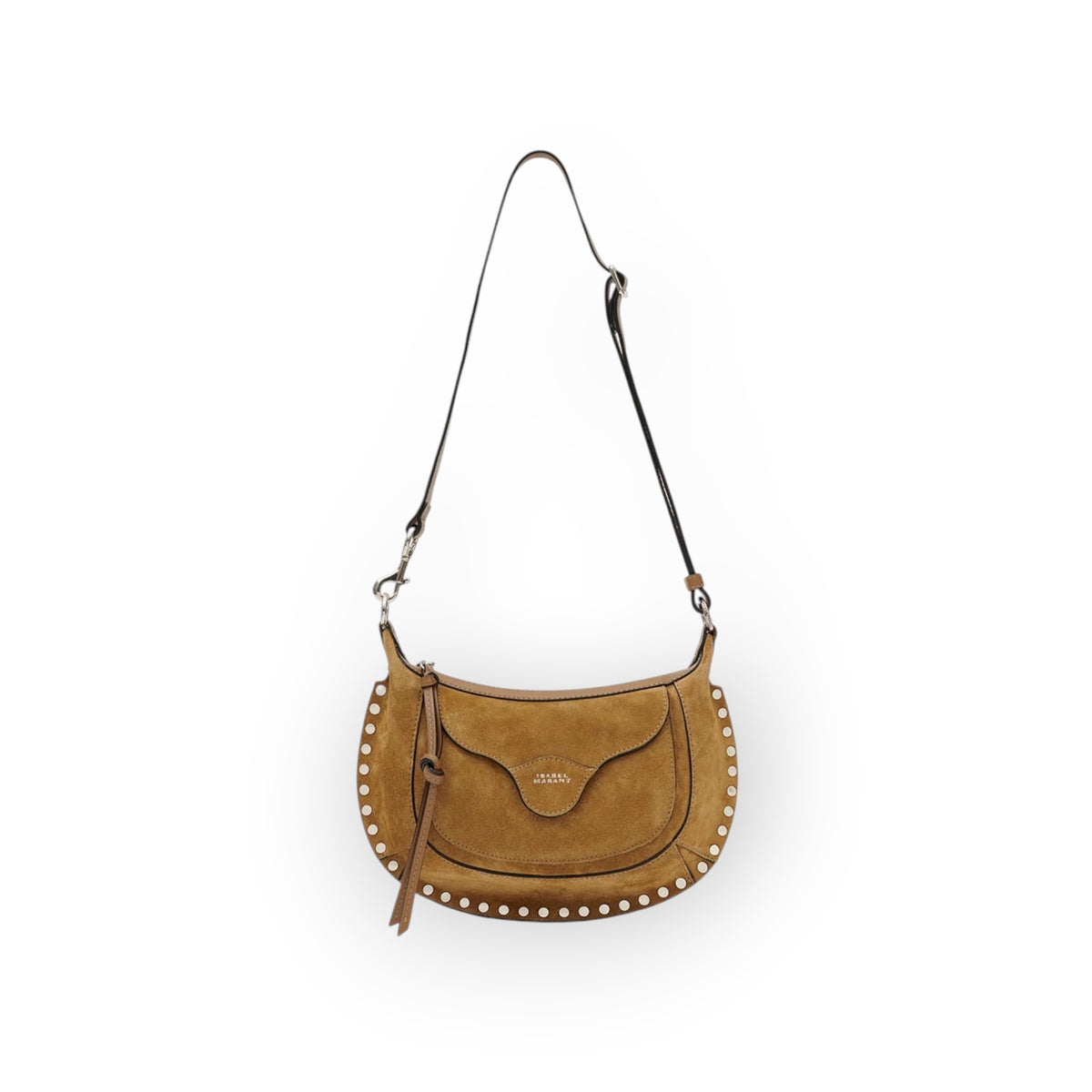 Ygreque Isabel Marant Oskan Moon Pocket taupe suede shoulder bag with gold studs and embossed logo