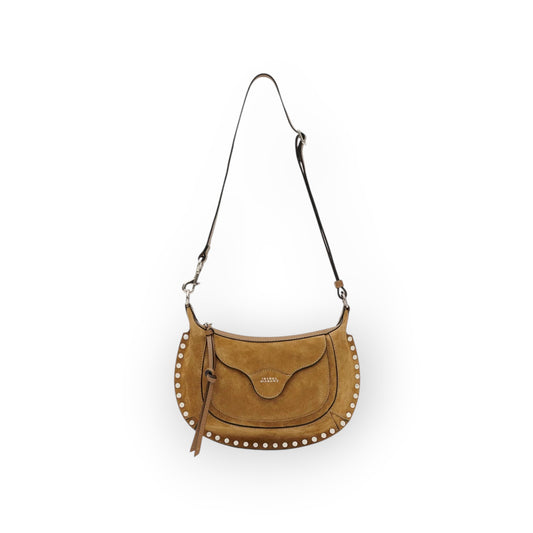Ygreque Isabel Marant Oskan Moon Pocket taupe suede shoulder bag with gold studs and embossed logo