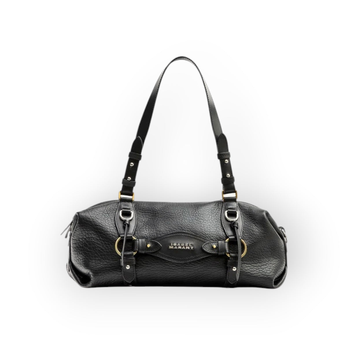Ygreque Isabel Marant Tilpa Mini black bubble lambskin leather bag with harness-style stitching and metal hardware.