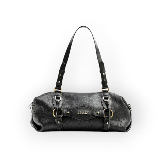 Ygreque Isabel Marant Tilpa Mini black bubble lambskin leather bag with harness-style stitching and metal hardware.