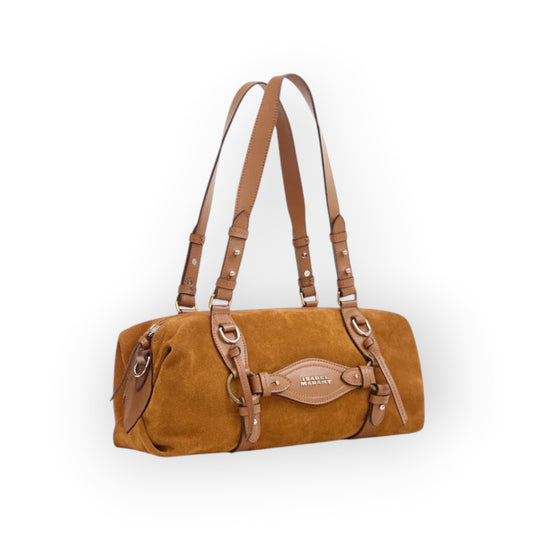 Ygreque Isabel Marant Tilpa Mini bag in cognac suede with chocolate leather harness details and metal hardware.