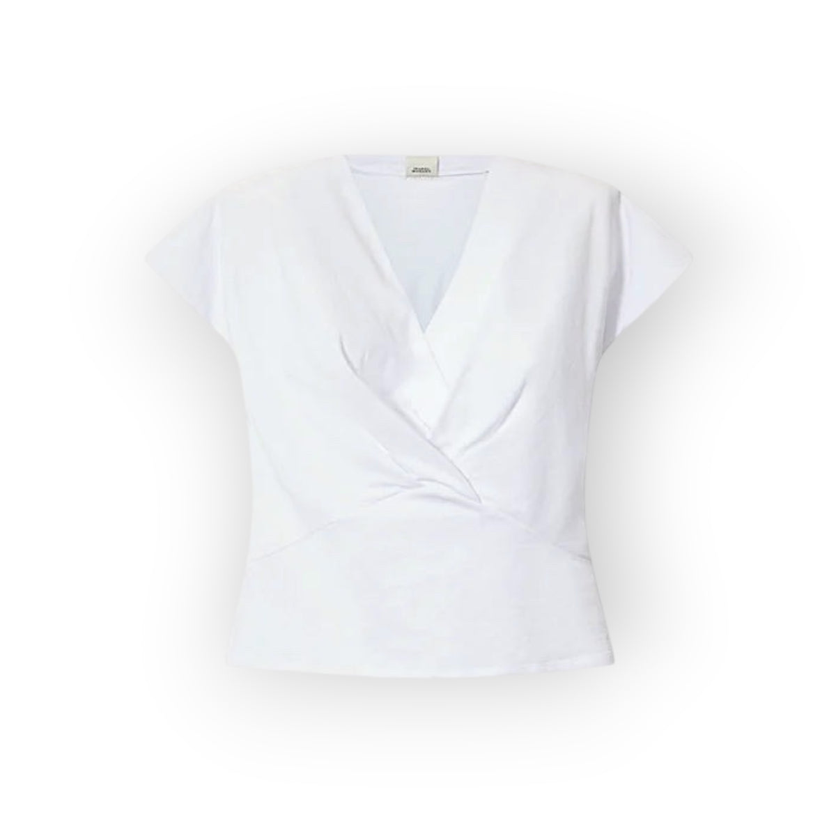 Ygreque Isabel Marant white Nadrine jersey t-shirt with a deep V-neck, wrap-front drape, and structured shoulders.