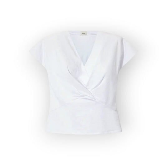 Ygreque Isabel Marant white Nadrine jersey t-shirt with a deep V-neck, wrap-front drape, and structured shoulders.