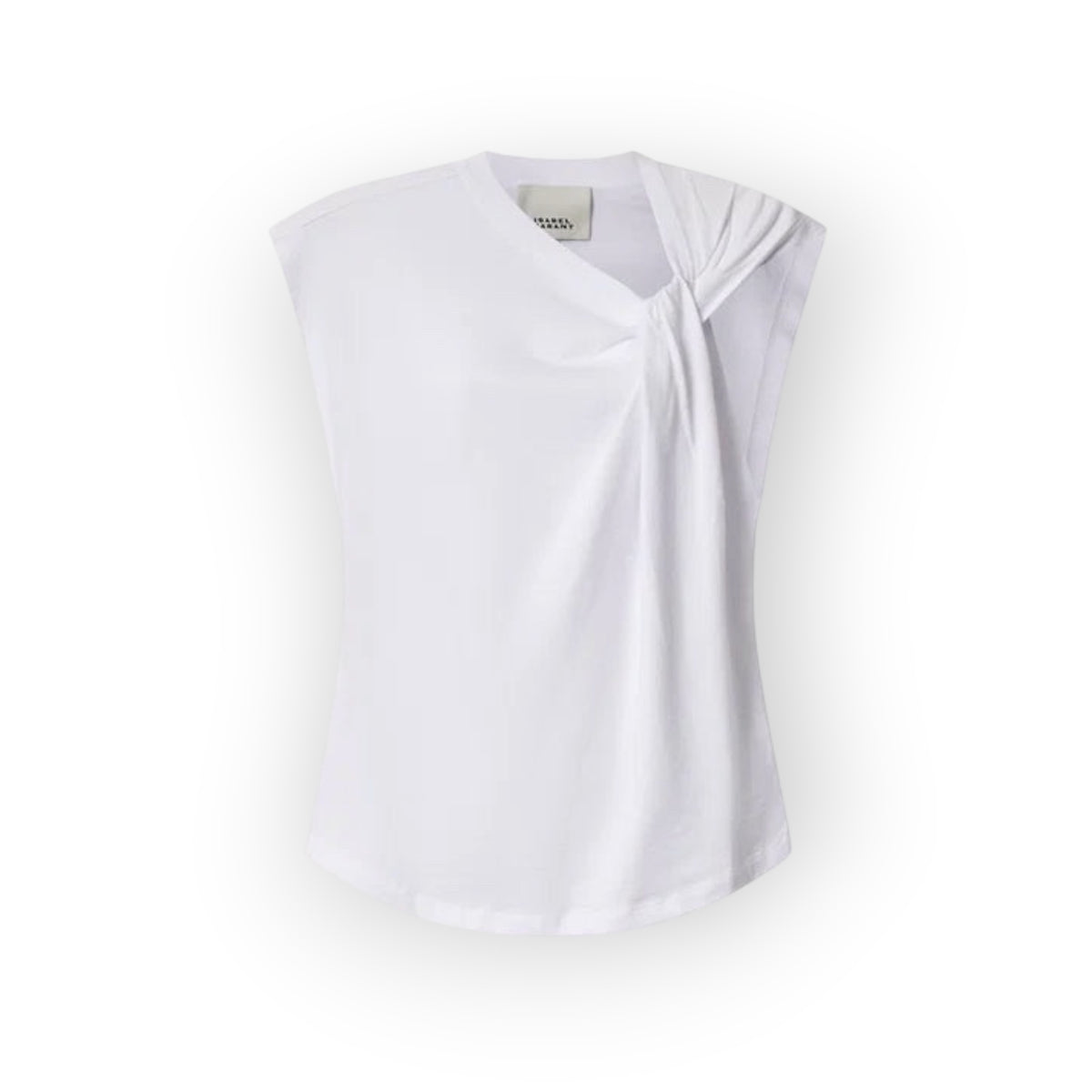 Ygreque Isabel Marant white organic cotton Nayda t-shirt with asymmetric twisted neckline and raw edge sleeves.