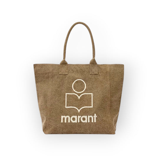Ygreque Isabel Marant Yenky Small tote bag in dark khaki washed cotton with white embroidered Marant logo
