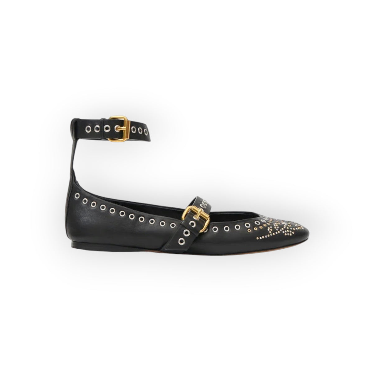 Ygreque Isabel Marant Ylza black lambskin leather ballet flats with gold and silver metal studs and double straps.