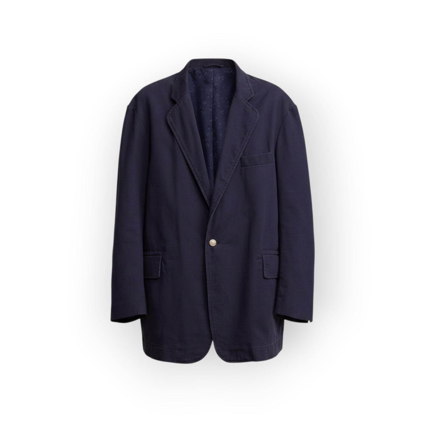 Ygreque navy blue deconstructed oversized cotton blazer with notched lapels and single button closure.