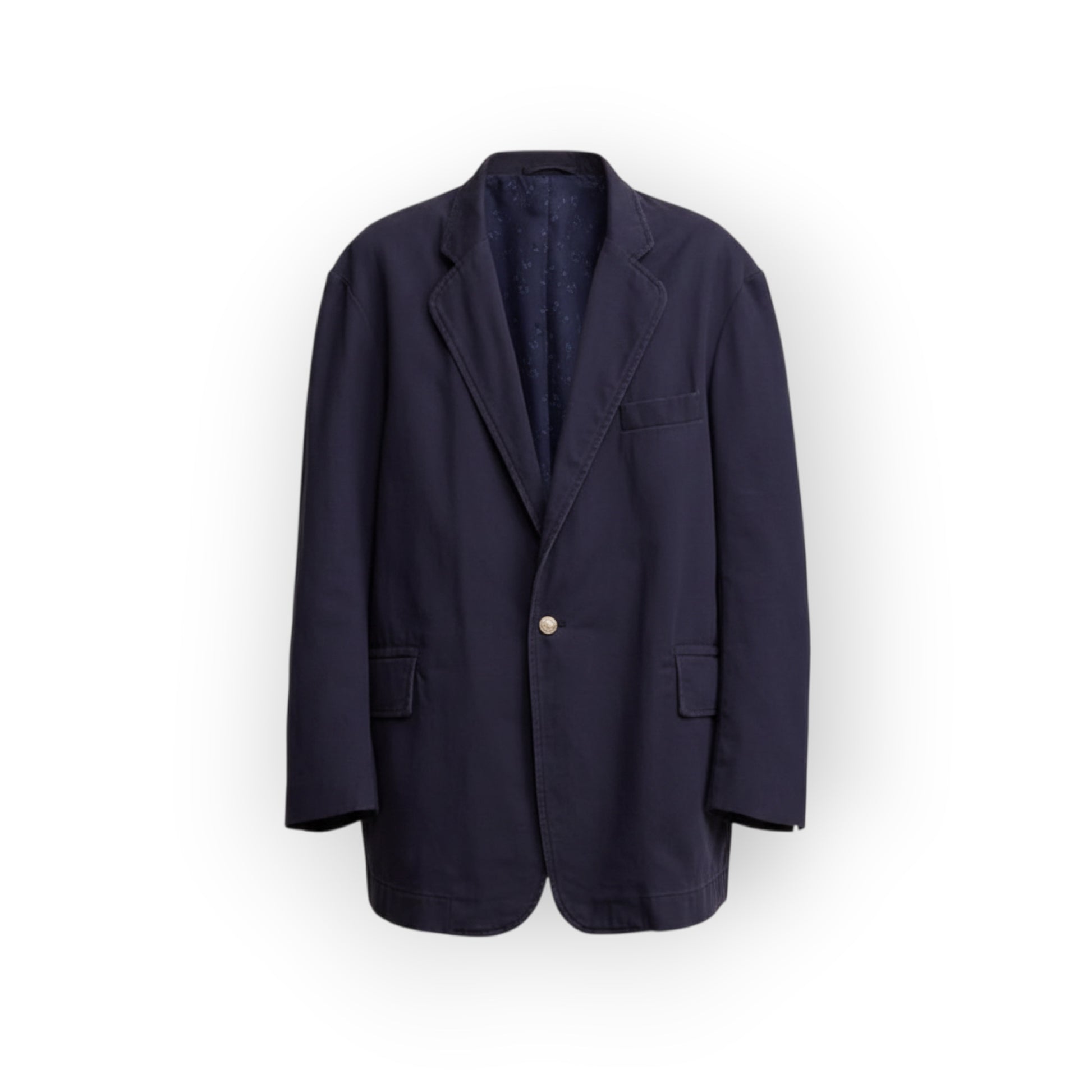 Ygreque navy blue deconstructed oversized cotton blazer with notched lapels and single button closure.