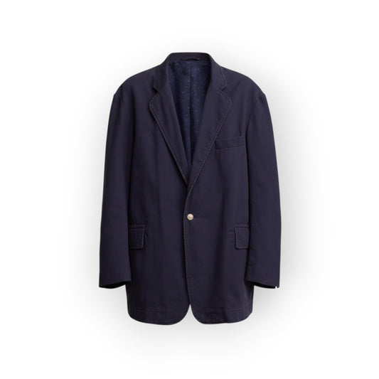 Ygreque navy blue deconstructed oversized cotton blazer with notched lapels and single button closure.