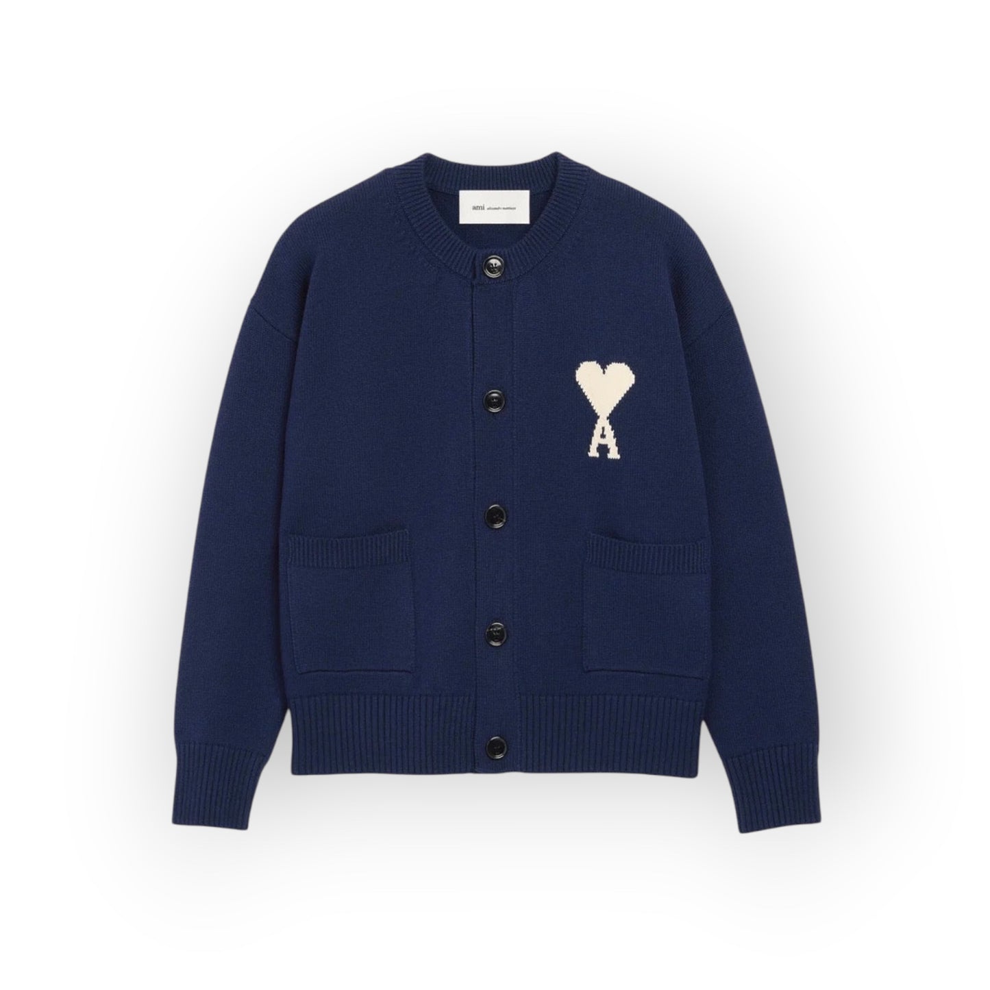 Ygreque navy blue wool and cotton blend cardigan with ecru Ami de Cœur logo on chest and front pockets.