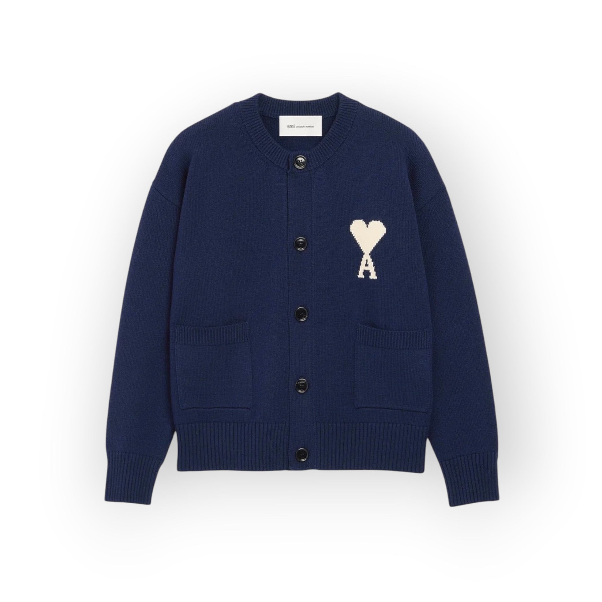Ygreque navy blue wool and cotton blend cardigan with ecru Ami de Cœur logo on chest and front pockets.