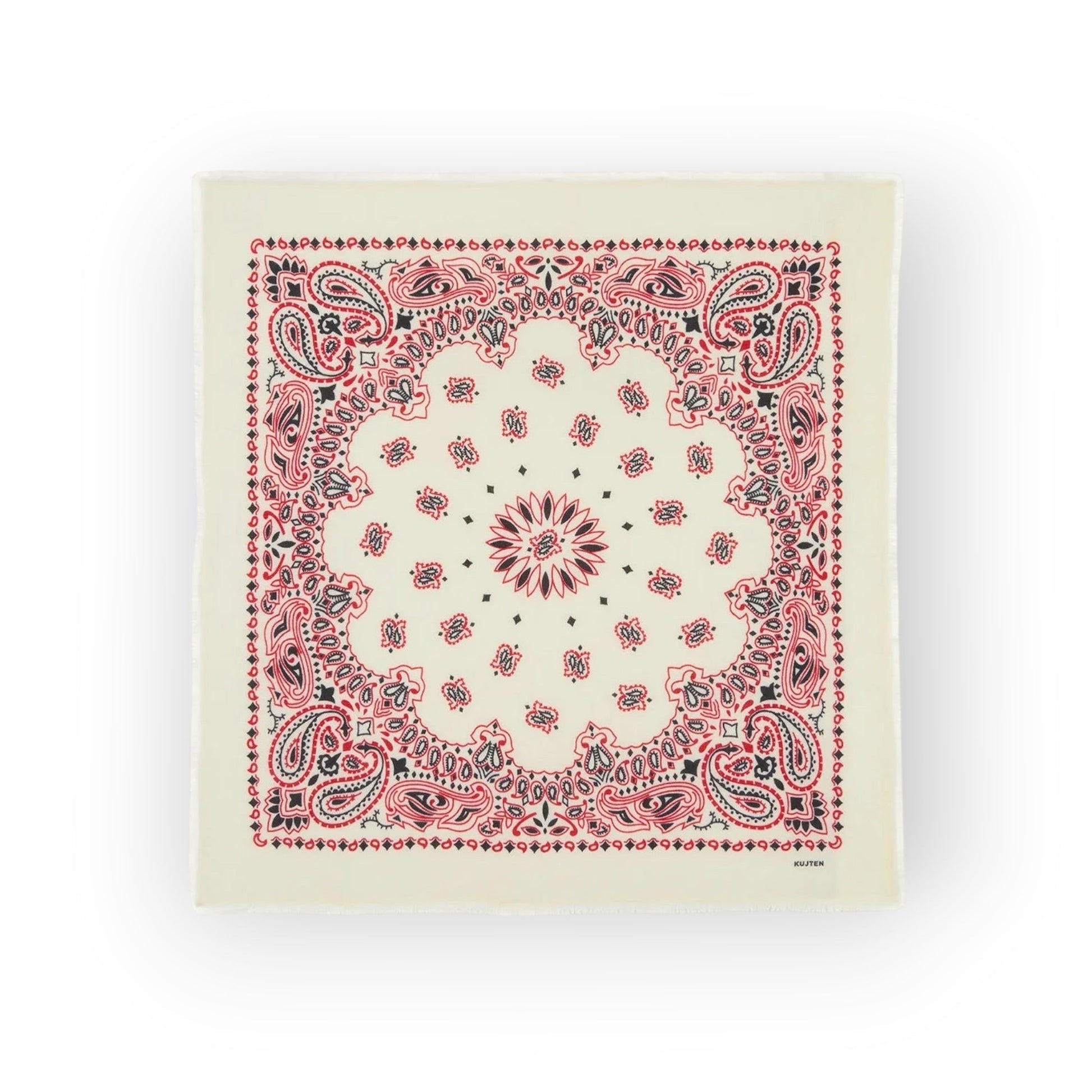 Bandana cachemire "Paisley" rouge corail — imprimé Hachiko Western, format 92x92 cm, tricot jersey. Accessoire luxe. Boutique Ygreque, livraison internationale.