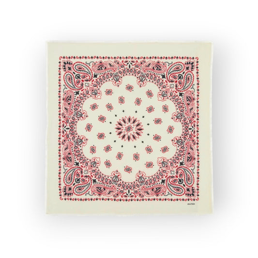 Bandana cachemire "Paisley" rouge corail — imprimé Hachiko Western, format 92x92 cm, tricot jersey. Accessoire luxe. Boutique Ygreque, livraison internationale.